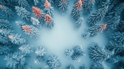 Aerial view of snow-covered pine trees forming a frame.