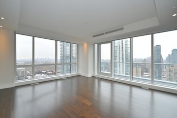Fototapeta premium Modern high-rise apartment with panoramic city views captured on a cloudy day