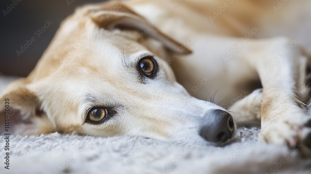 Poster close up of a serene dog laying on soft carpet displaying calm and warmth through expressive eyes : 