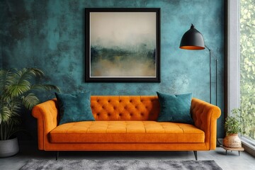 Modern interior design with orange sofa and teal wall