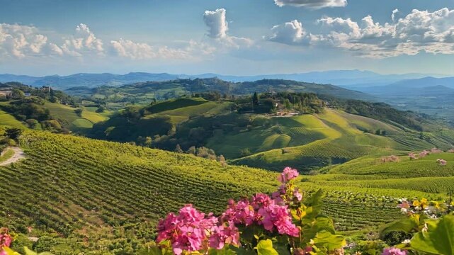 Aerial view of rolling vineyards with new green leaves sprouting, interspersed with blooming flowers, under a bright sunny sky
