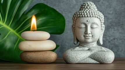 Serene Buddha Statue with Burning Candle and Stones on Wooden Surface