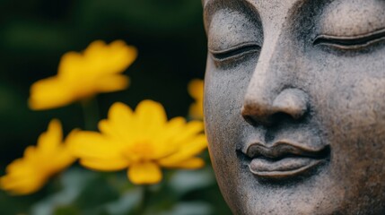 Fototapeta premium Serene Buddha Statue with Yellow Flowers in Soft Focus Background