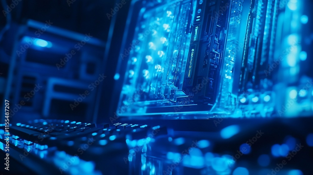Poster a close-up view of a glowing computer motherboard and keyboard in blue light.