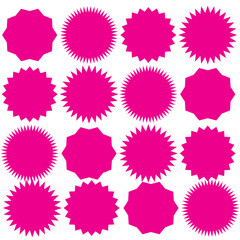 Circle sticker set. Wavy edge promo black badges. Star burst shape tags for price. Blank sale stickers. Simple silhouette. Flat vintage labels. Graphic illustration.