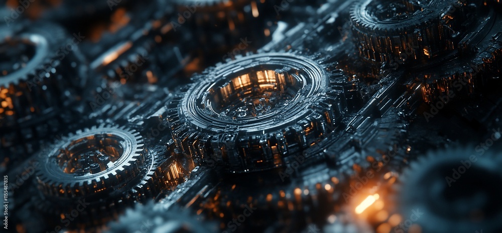 Aufkleber a close-up view of intricate mechanical gears with glowing elements.