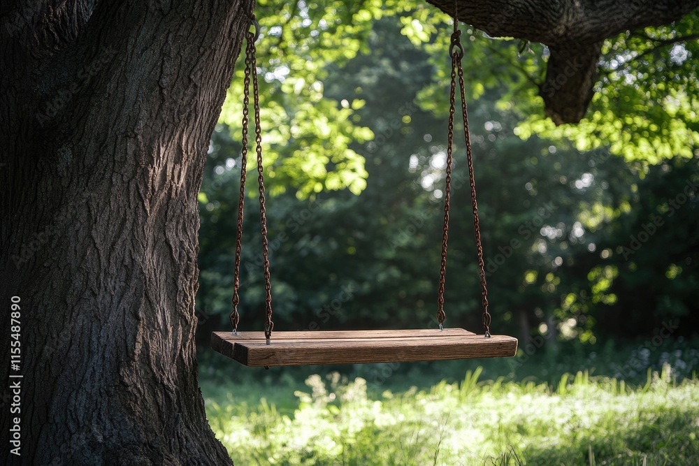 Poster empty swing hanging from a tree branch in a peaceful forest