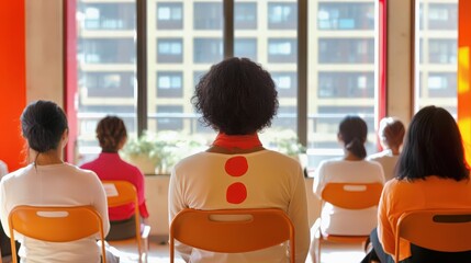 Indoor meditation group in calm harmony. Women find relaxation and serenity while focusing on yoga practices. Diversity and unity emphasize peaceful group dynamics in a serene room setting.