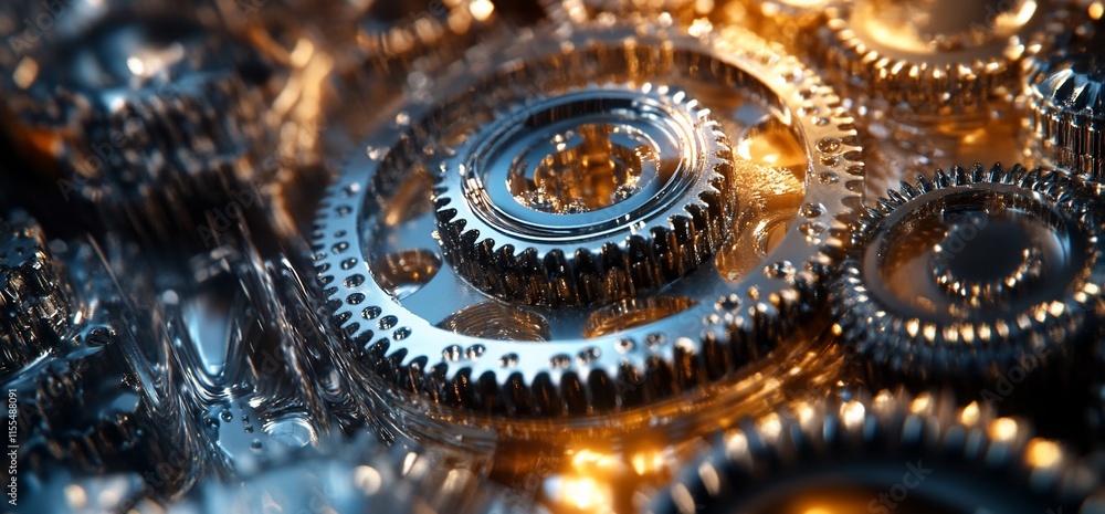 Poster a close-up view of intricate metallic gears reflecting light.