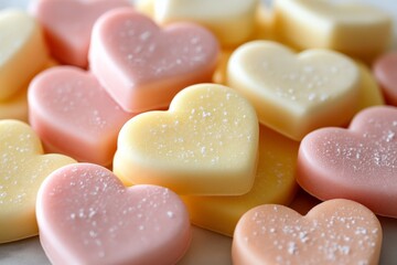 Fototapeta premium Colorful heart-shaped candies arranged in a delightful display for celebrations and special occasions