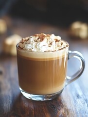 Delicious whipped cream topped latte in glass cup on dark wooden table : Generative AI