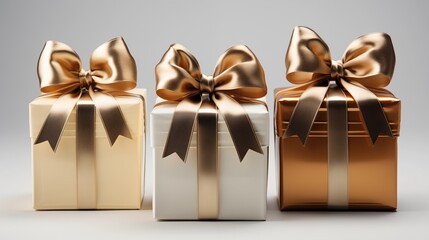 Three GOLD & WHITE gift boxes in SMALL size adorned with elegant bows for a luxurious EVENT ,SOLID WHITE BACKGROUND.