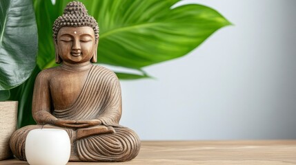 Serene Buddha Statue with Tropical Leaves and Candle - Mindfulness and Meditation Concept