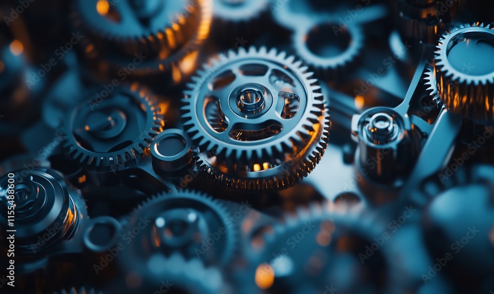 Poster a close-up view of intricate metallic gears with a glowing effect.