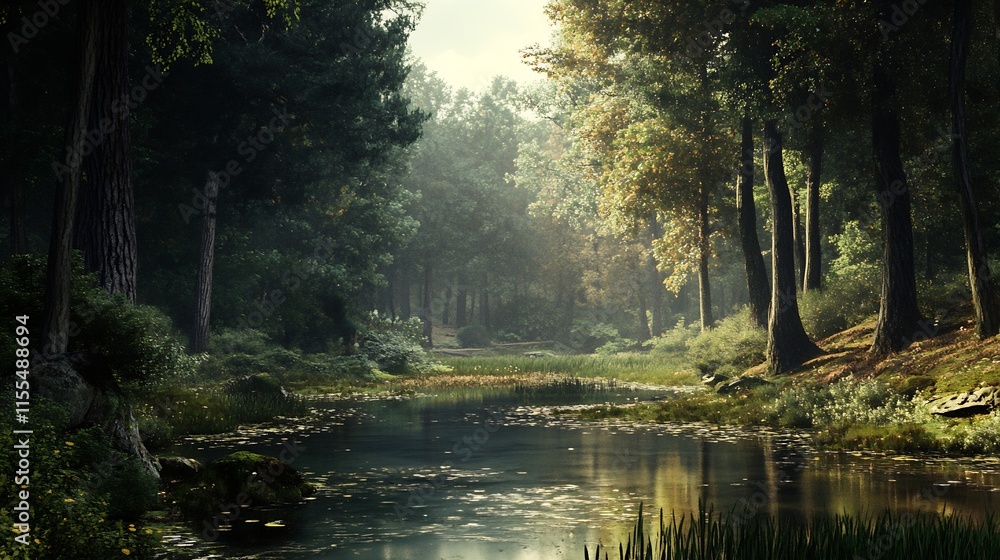 Aufkleber Tranquil Forest Stream Surrounded by Lush Greenery and Tall Pine Trees in Serene Atmosphere : Generative AI