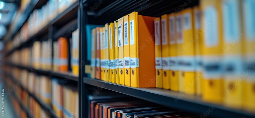 Poster a close-up view of organized file folders on a library shelf.