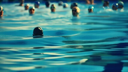 Faint outlines of swimmers practicing their strokes in the water.