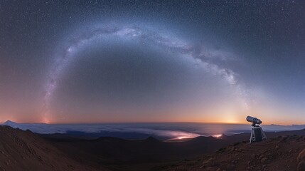 Milky Way arching over a mountain landscape at sunrise, with a telescope.