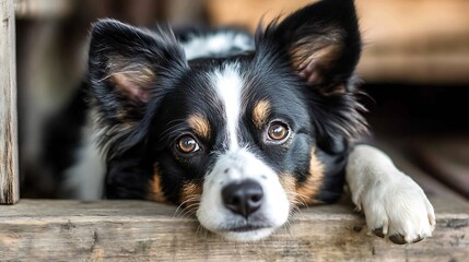 Adorable Border Collie Resting with Focused Gaze Relaxed Dog Laying Indoors : Generative AI