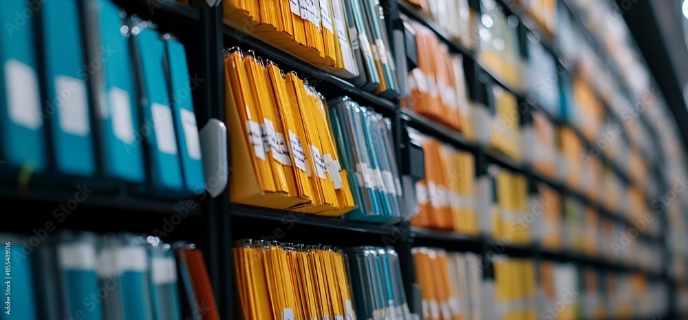 Poster a close-up view of organized file folders on shelves in an office setting.