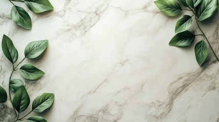 Elegant Green Leaves on Marble Background: A Serene Minimalist Design