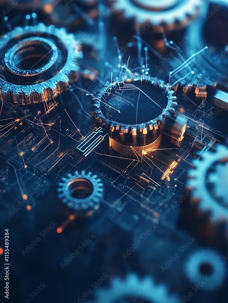 Poster closeup of interlocked gears with digital overlay symbolizing mechanical and technological synergy :