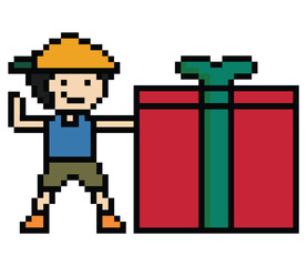 Cute pixel cartoon 8bit character man give gift box birthday christmas bonus reward surprise decoration 8 bit male boy give gift box shopping bonus christmas day game 8 bit png vector.