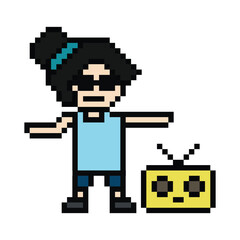 Obraz premium Cute cartoon pixel character cute woman exercises training dance lifestyle music decoration life style 8 bit female girl dance with music game fitness isolated PNG vector.