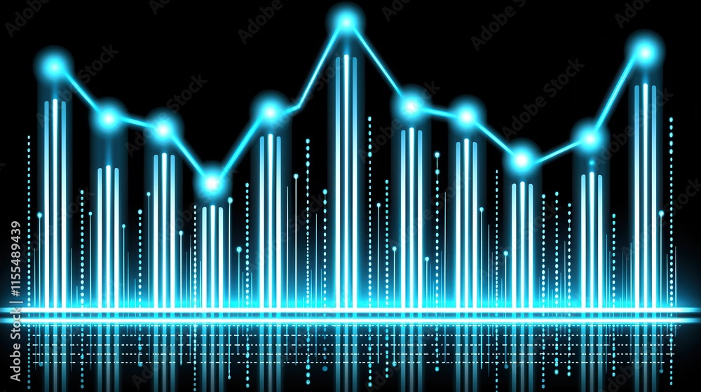 Poster abstract digital data visualization with glowing blue bars and lines