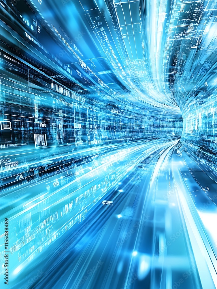 Aufkleber Dynamic Blue Digital Tunnel with Streaming Data Visualizing Speed and Connectivity : Generative AI