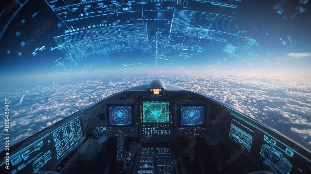 Poster a cockpit view showcasing advanced technology and navigation over earth.