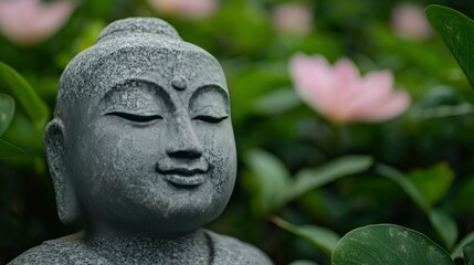 Fototapeta premium Serene Stone Buddha Statue in Lush Garden Setting