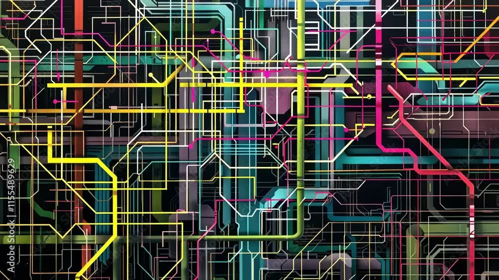 Poster the hidden infrastructure of the universe revealed in the form of a unique and abstract subway map.