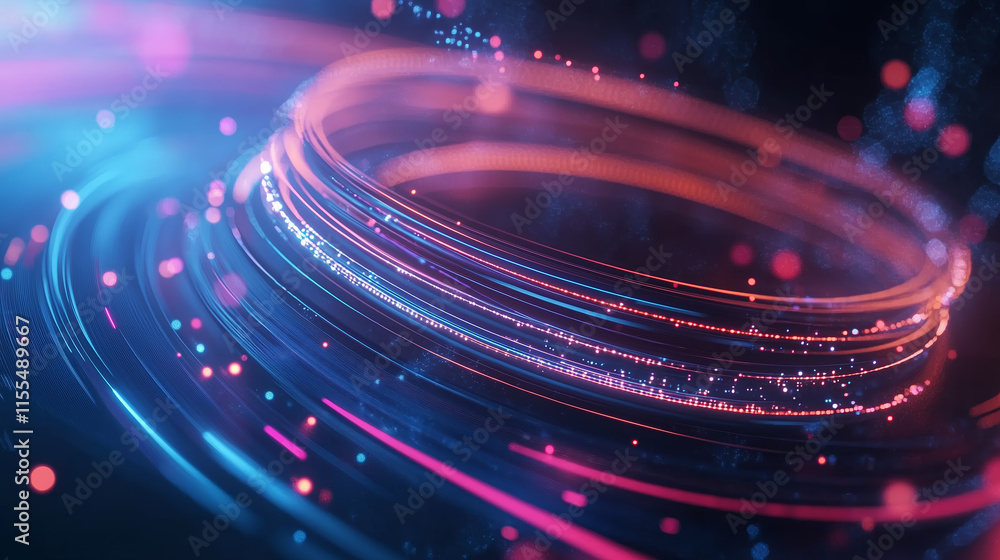 Poster colorful abstract swirl design with glowing rings and particles in a dark background