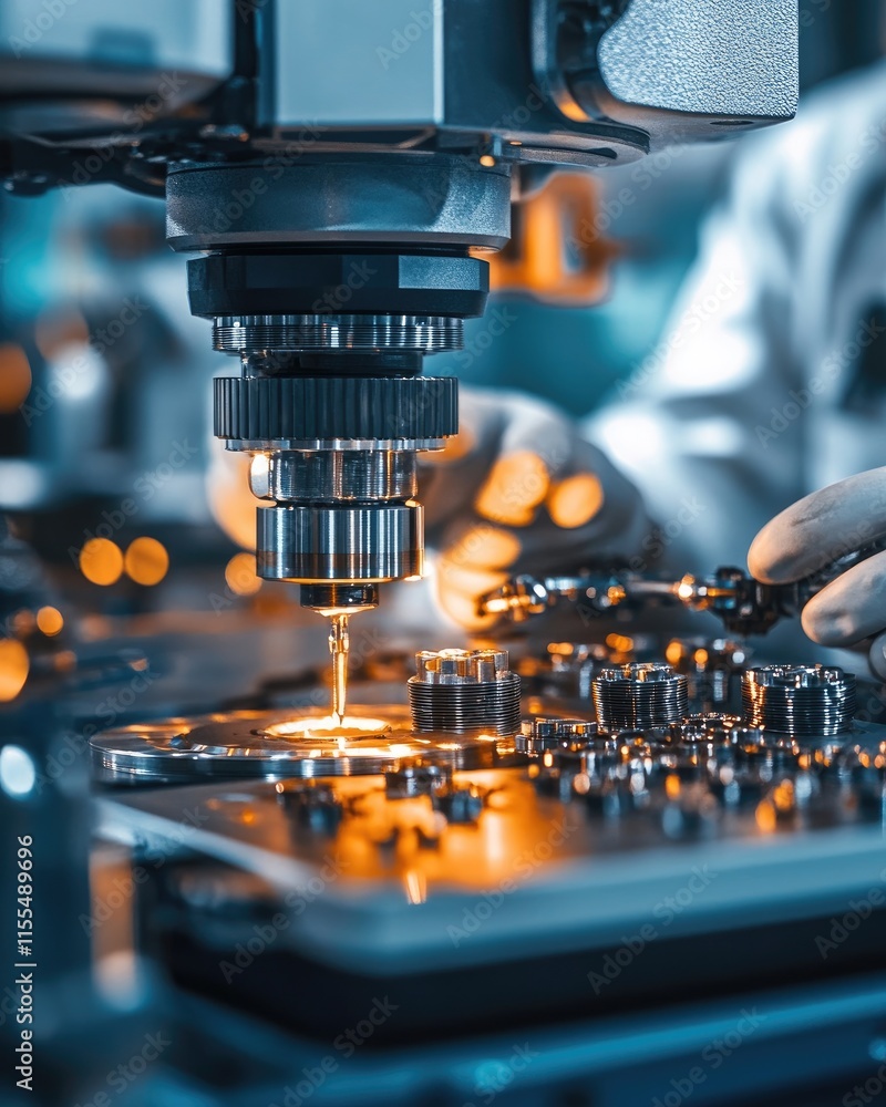 Poster a close-up of a microscope examining intricate mechanical components in a manufacturing setting.