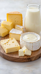 Creamy dairy products including various cheeses and milk on wooden board
