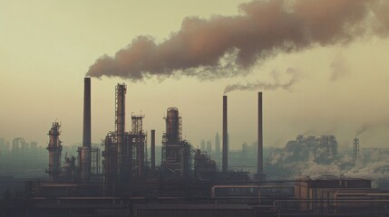 Industrial landscape with smokestacks emitting pollution against a hazy skyline.