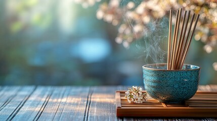 Tranquil Serenity: Incense Burning in a Blue Bowl