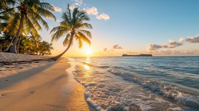Idyllic sunset on tropical beach with palm trees.