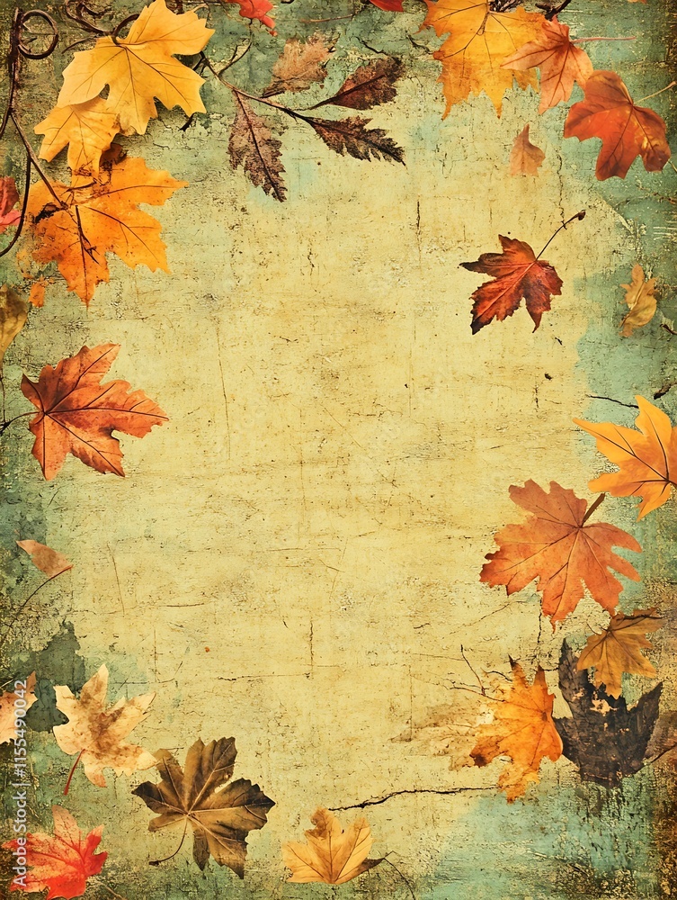 Aufkleber autumn leaves frame on rustic vintage paper background with textured detail : generative ai