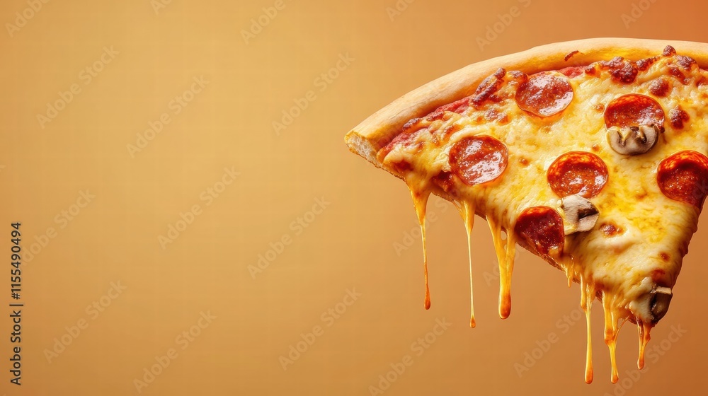 Poster Stylized pizza slice with dripping cheese and vibrant toppings in a minimalist setting. Generative AI