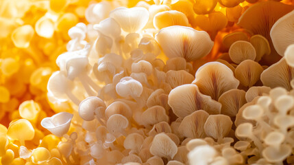 Vibrant cluster of mushrooms thriving under warm light in a natural environment