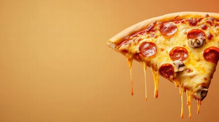 Stylized pizza slice with dripping cheese and vibrant toppings in a minimalist setting. Generative AI