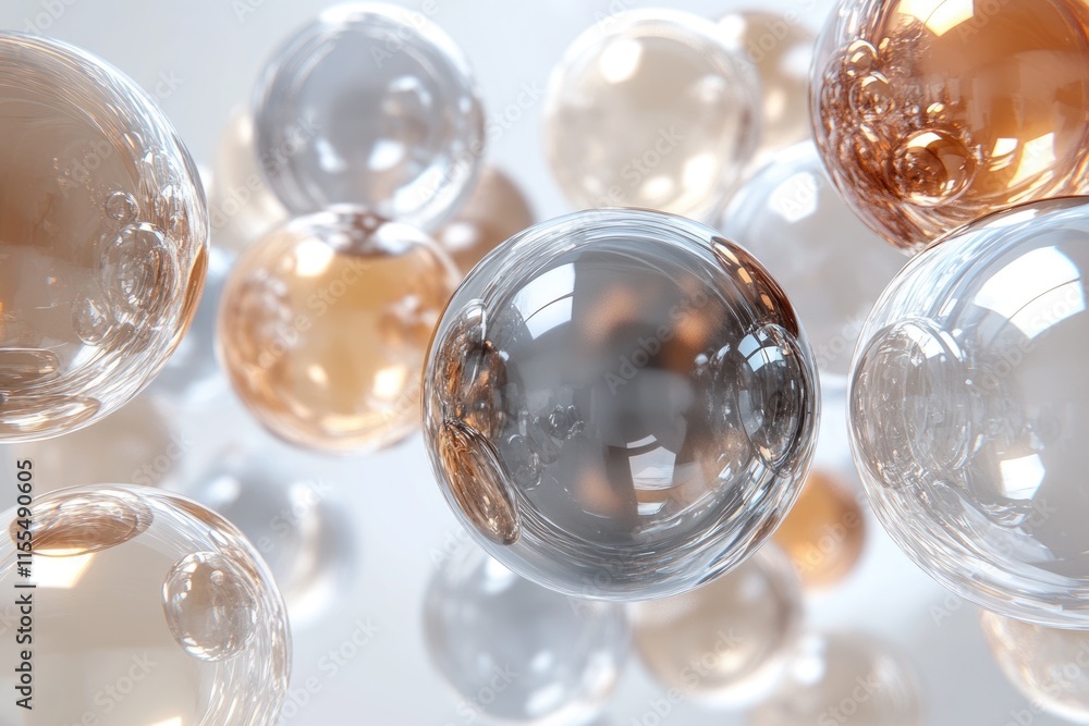 Poster close-up of translucent spheres in silver and bronze hues, creating an elegant and abstract composit
