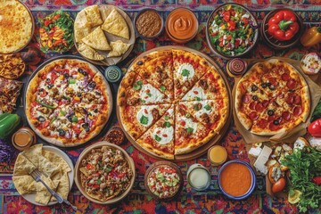  A vibrant top-down view of various pizzas, including Margherita, BBQ chicken, and vegetarian, arranged on a table with dipping sauces, drinks, and festive decorations for National Pizza Day