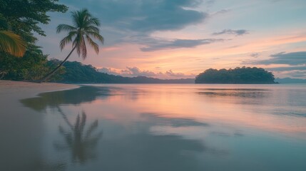 Serene sunset over tropical beach with palm tree reflection.