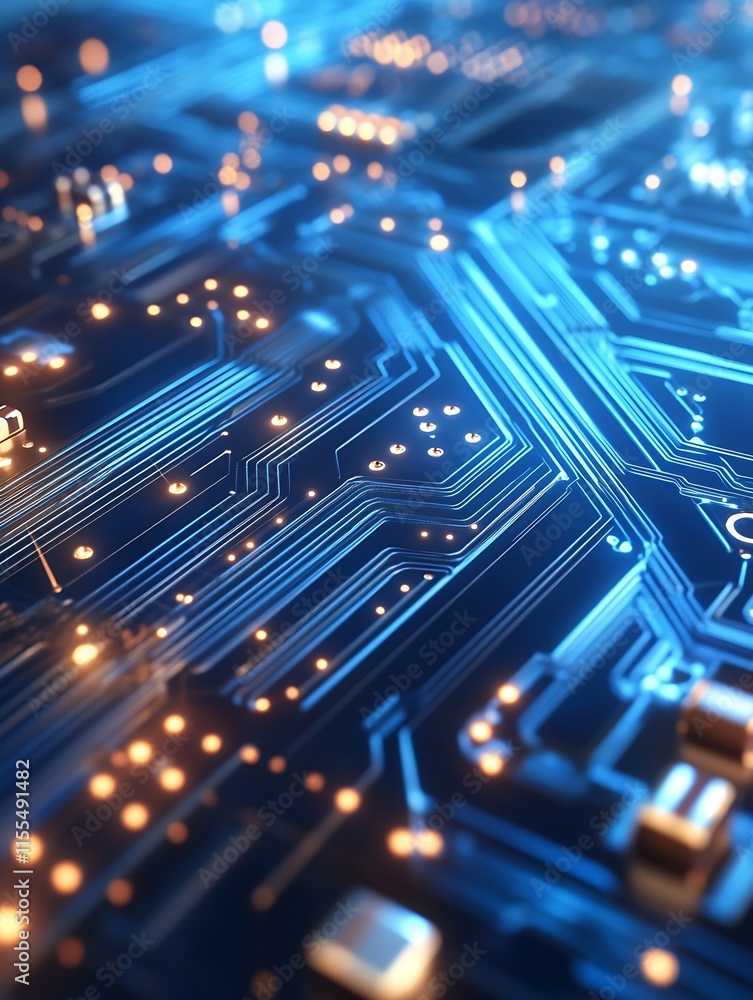 Aufkleber glowing electronic circuit board with blue and orange light patterns and microchips : generative ai