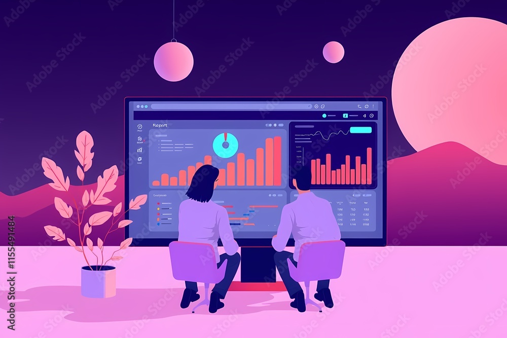Poster data driven decisions: a futuristic illustration depicting two figures analyzing data on a large mon