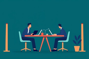 Social Distancing Workplace: Two colleagues maintain a safe distance while working together in a minimalist office setting. The scene depicts a modern workplace adapting to new safety measures.