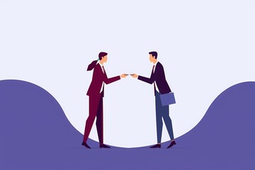 Business Deal Closing: Two businessmen exchange a business card symbolizing a successful deal or partnership. Flat design illustration.
